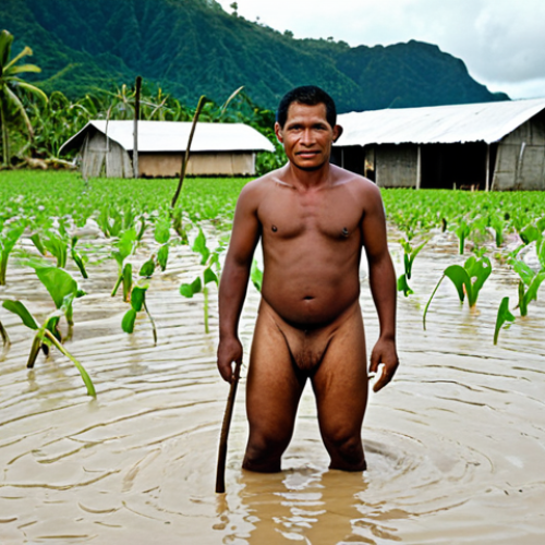 Home 7 **Prompt 1 (Climate Impact on Livelihoods):**
"A resilient Tuvaluan farmer stands amidst a flooded taro field, with visible saltwater intrusion damaging crops. In the background, the ocean encroaches close to traditional homes, illustrating the daily battle against rising sea levels and loss of arable land. The scene should convey a sense of struggle but also enduring spirit."