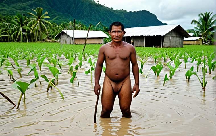 **Prompt 1 (Climate Impact on Livelihoods):**
"A resilient Tuvaluan farmer stands amidst a flooded taro field, with visible saltwater intrusion damaging crops. In the background, the ocean encroaches close to traditional homes, illustrating the daily battle against rising sea levels and loss of arable land. The scene should convey a sense of struggle but also enduring spirit."