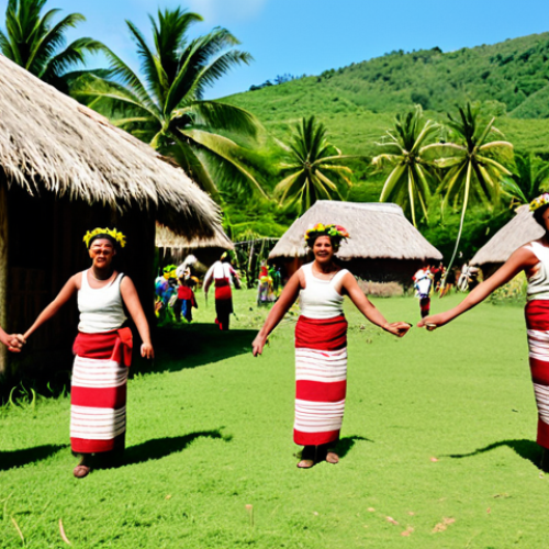 **

"A family-friendly scene depicting a Tuvaluan village celebration, safe for work, appropriate content. Villagers are fully clothed in traditional woven mats and flower garlands, participating in a 'fatele' dance. In the background, traditional huts with thatched roofs and palm trees are visible. The scene is bathed in warm, tropical sunlight. Perfect anatomy, correct proportions, natural pose, well-formed hands, proper finger count, natural body proportions, professional photography, high quality, modest, professional dress."

**