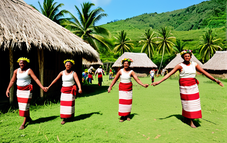 **

"A family-friendly scene depicting a Tuvaluan village celebration, safe for work, appropriate content. Villagers are fully clothed in traditional woven mats and flower garlands, participating in a 'fatele' dance. In the background, traditional huts with thatched roofs and palm trees are visible. The scene is bathed in warm, tropical sunlight. Perfect anatomy, correct proportions, natural pose, well-formed hands, proper finger count, natural body proportions, professional photography, high quality, modest, professional dress."

**