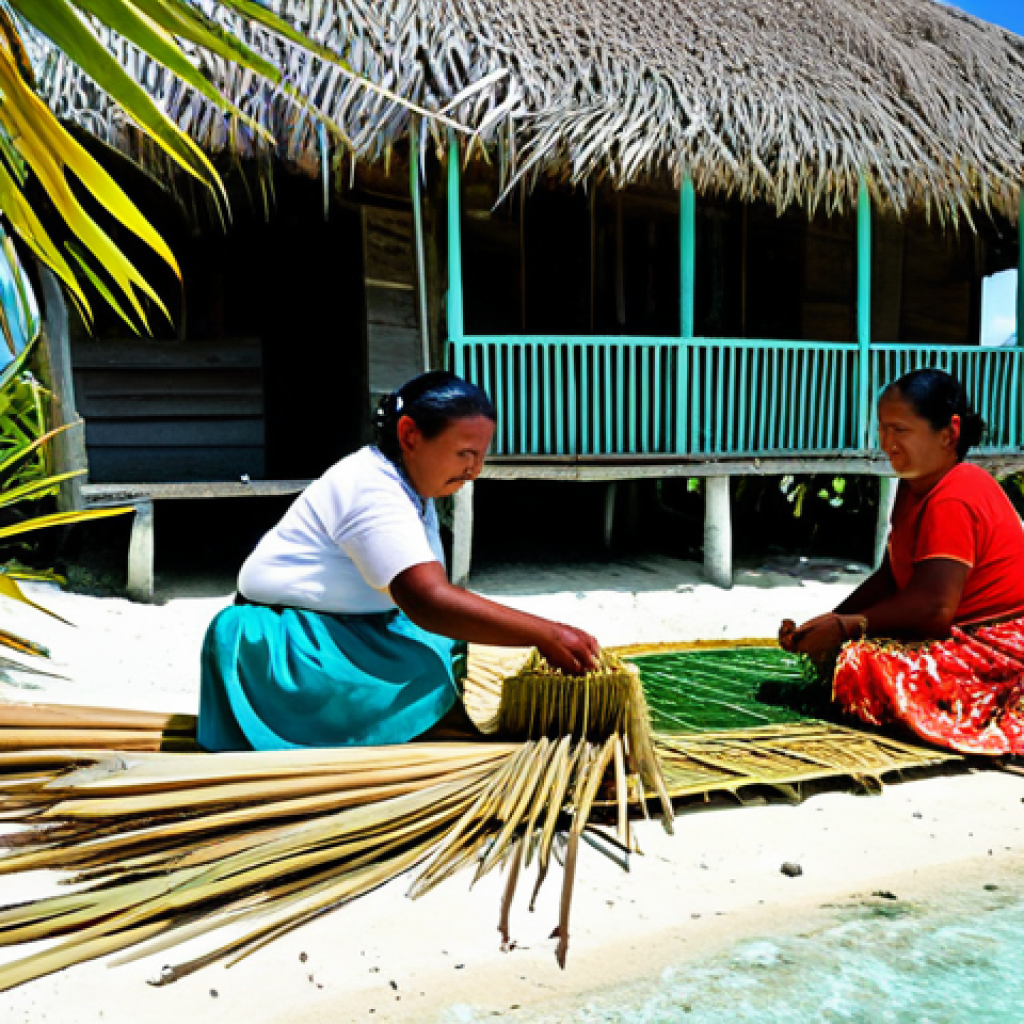 Traditional Life on a Tuvaluan Atoll**

"A family in Tuvalu, fully clothed in modest, traditional clothing, weaving mats from pandanus leaves outside their traditional home made of natural materials, safe for work, appropriate content, family-friendly, perfect anatomy, natural proportions, a sunny day on a coral atoll with clear turquoise water in the background, professional photography, high quality."

**