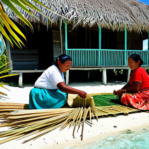 Traditional Life on a Tuvaluan Atoll**

"A family in Tuvalu, fully clothed in modest, traditional clothing, weaving mats from pandanus leaves outside their traditional home made of natural materials, safe for work, appropriate content, family-friendly, perfect anatomy, natural proportions, a sunny day on a coral atoll with clear turquoise water in the background, professional photography, high quality."

**