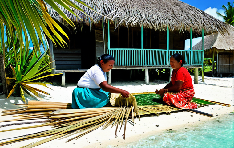 Traditional Life on a Tuvaluan Atoll**

"A family in Tuvalu, fully clothed in modest, traditional clothing, weaving mats from pandanus leaves outside their traditional home made of natural materials, safe for work, appropriate content, family-friendly, perfect anatomy, natural proportions, a sunny day on a coral atoll with clear turquoise water in the background, professional photography, high quality."

**