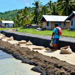 Coastal Erosion and Adaptation**

"A wide shot of the Tuvaluan coastline, showing the impact of rising sea levels. In the foreground, a family works on reinforcing a small sea wall with sandbags, fully clothed in appropriate attire, demonstrating community resilience. In the background, traditional homes are visible, some closer to the water than others. Safe for work, appropriate content, perfect anatomy, natural proportions, professional photography, highlighting adaptation efforts in a vulnerable environment, family-friendly."

**