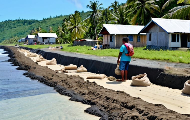 Coastal Erosion and Adaptation**

"A wide shot of the Tuvaluan coastline, showing the impact of rising sea levels. In the foreground, a family works on reinforcing a small sea wall with sandbags, fully clothed in appropriate attire, demonstrating community resilience. In the background, traditional homes are visible, some closer to the water than others. Safe for work, appropriate content, perfect anatomy, natural proportions, professional photography, highlighting adaptation efforts in a vulnerable environment, family-friendly."

**