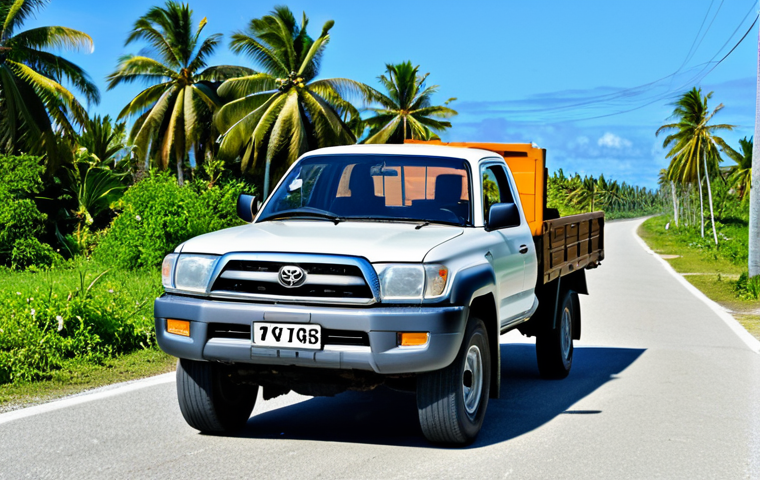 **Image Prompt:** A sturdy, well-maintained Toyota pickup truck driving on a paved road in Funafuti, Tuvalu. The truck is fully loaded with supplies. Palm trees line the road. Clear blue sky. "safe for work", "appropriate content", "fully clothed", "professional photography", "natural proportions"