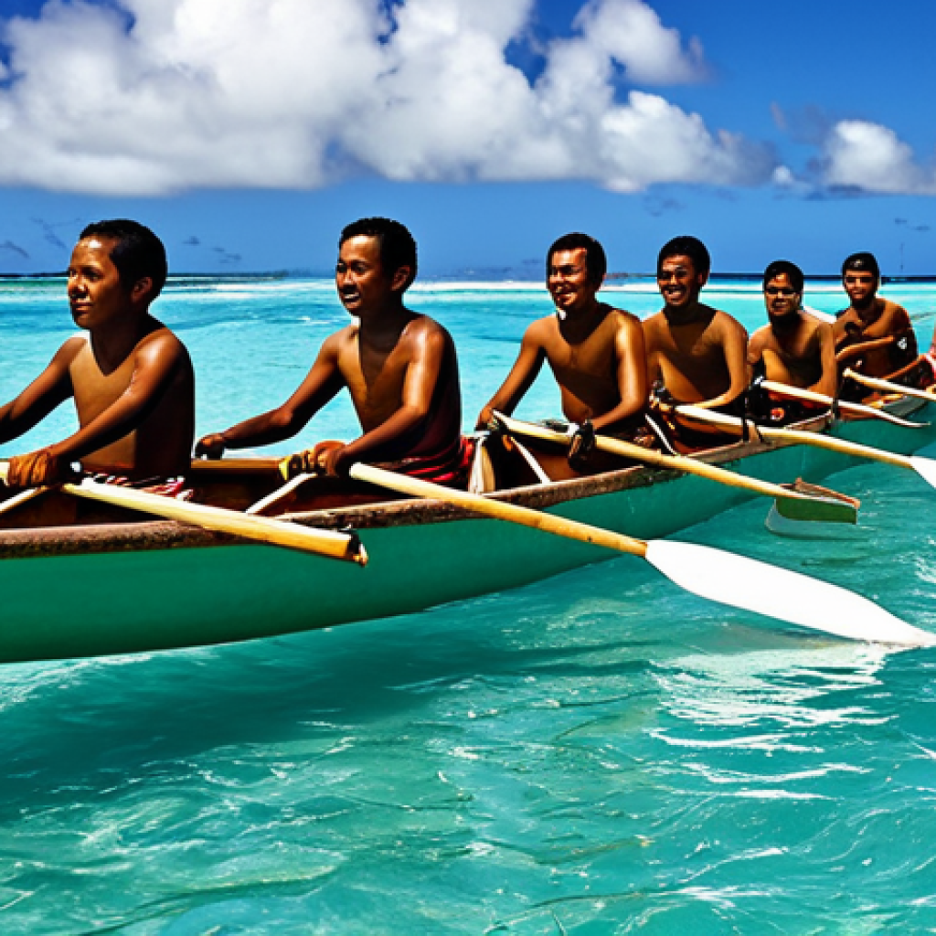 투발루의 전통 스포츠 - Canoe Race**

"A traditional Tuvaluan outrigger canoe race in the turquoise waters of the Pacific, f...