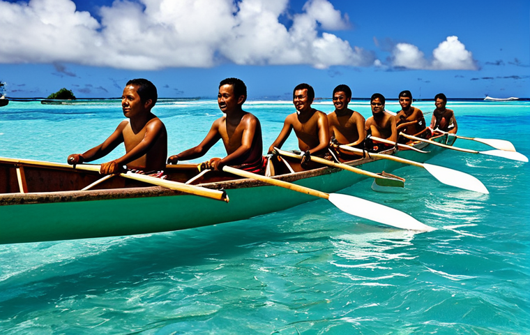 투발루의 전통 스포츠 - Canoe Race**
"A traditional Tuvaluan outrigger canoe race in the turquoise waters of the Pacific, f...
