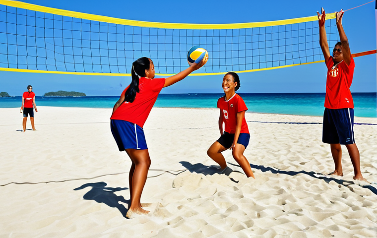 투발루의 전통 스포츠 - "Ano" Game**

"Tuvaluan villagers, fully clothed in casual island wear, playing the 'Ano' (coconut t...