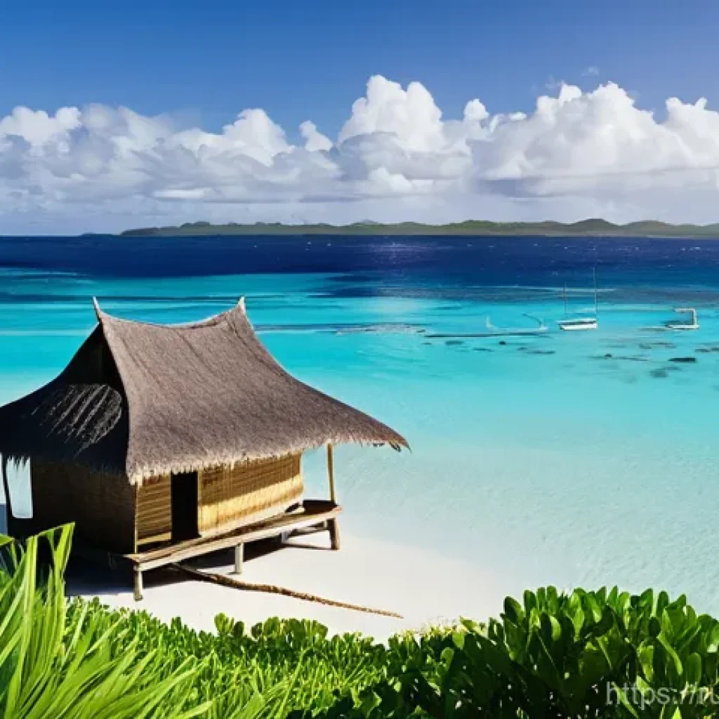 투발루 전통 가옥과 숙박 옵션 - **Prompt:** A vibrant and serene scene showcasing a traditional Tuvaluan *fale* (a local open-sided,...