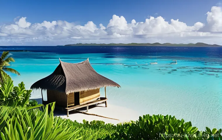투발루 전통 가옥과 숙박 옵션 - **Prompt:** A vibrant and serene scene showcasing a traditional Tuvaluan *fale* (a local open-sided,...