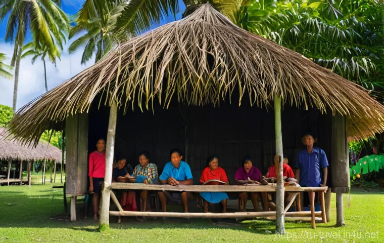 투발루 전통 가옥과 숙박 옵션 - **Prompt:** A vibrant and serene scene showcasing a traditional Tuvaluan *fale* (a local open-sided,...