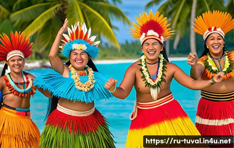 투발루의 민족 구성 - A vibrant traditional Tuvaluan festival scene on Funafuti atoll, featuring Polynesian descendants we...