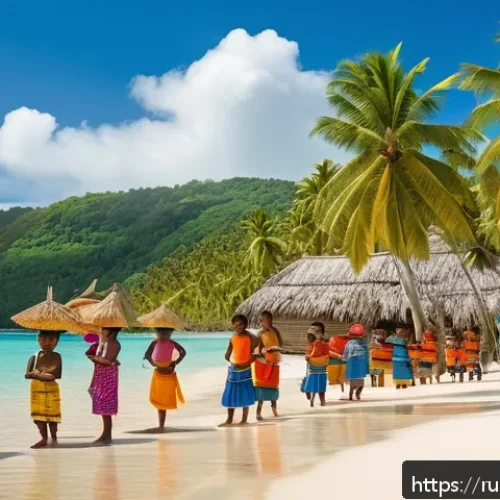 Home 32 투발루 독립 과정 - A vibrant scene of Tuvaluan villagers dressed in traditional colorful attire, celebrating a cultural...