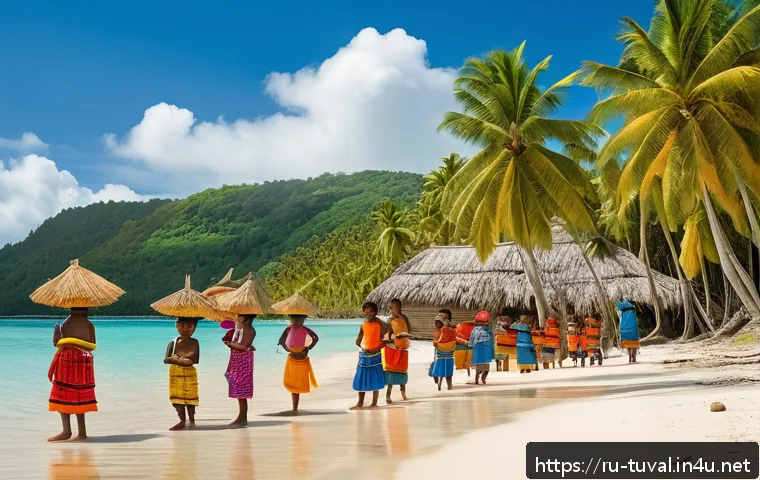 투발루 독립 과정 - A vibrant scene of Tuvaluan villagers dressed in traditional colorful attire, celebrating a cultural...