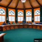 Home 19 투발루의 법률과 규제 - A detailed illustration of the Tuvalu Parliament House during a legislative session: 15 elected memb...