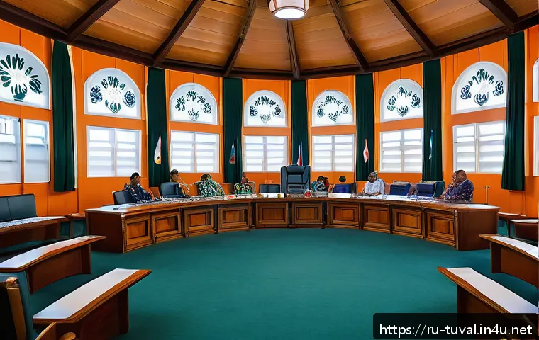 투발루의 법률과 규제 - A detailed illustration of the Tuvalu Parliament House during a legislative session: 15 elected memb...