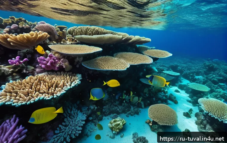 투발루의 자연 보호 구역 - A vibrant underwater scene showcasing the fragile coral reefs of Tuvalu’s Funafuti Marine Sanctuary,...