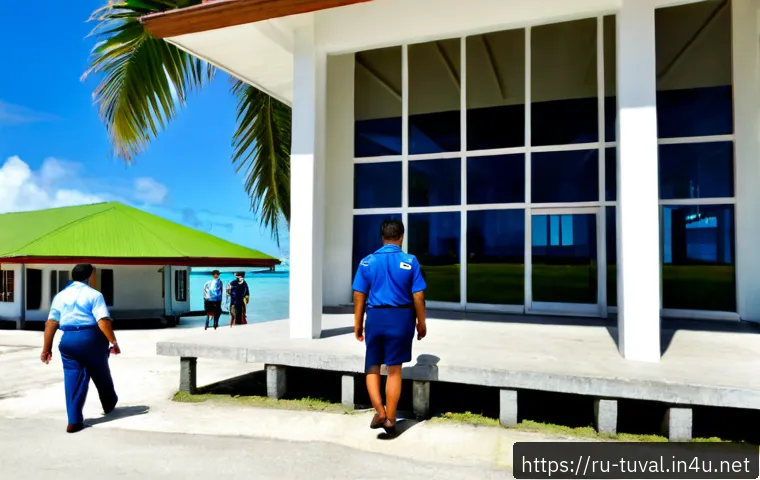 Home 17 투발루 정부 구조 및 운영 - Photorealistic wide-angle view of a modest Pacific island government office in Funafuti, Tuvalu, wit...